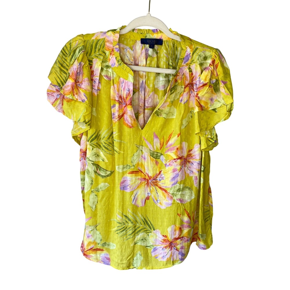 Rachel Rachel Roy Yellow‎ Tropical Floral Flutter Sleeve Blouse XL Rayon V-Neck